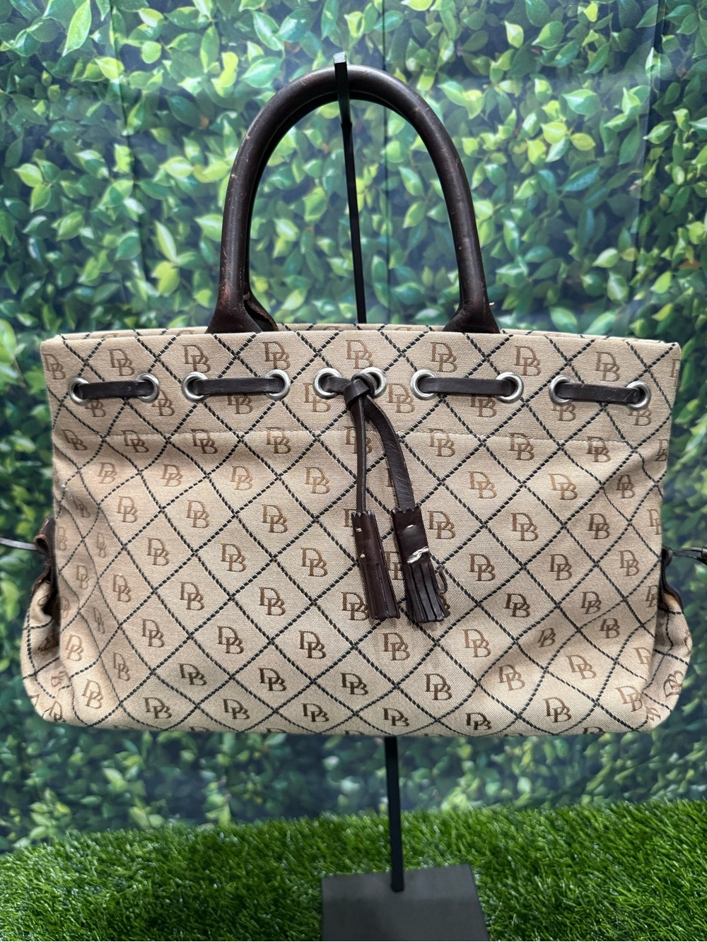 Dooney & Bourke Beige/Brown Logo Satchel Top Handle Drawstring Lined Bag